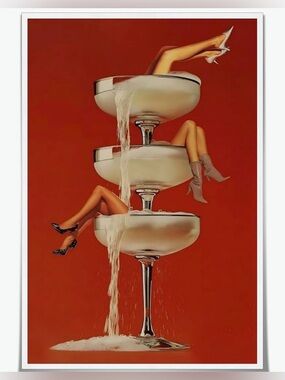 Red wall art- Champagne Glasses Art Print - Retro Decor -